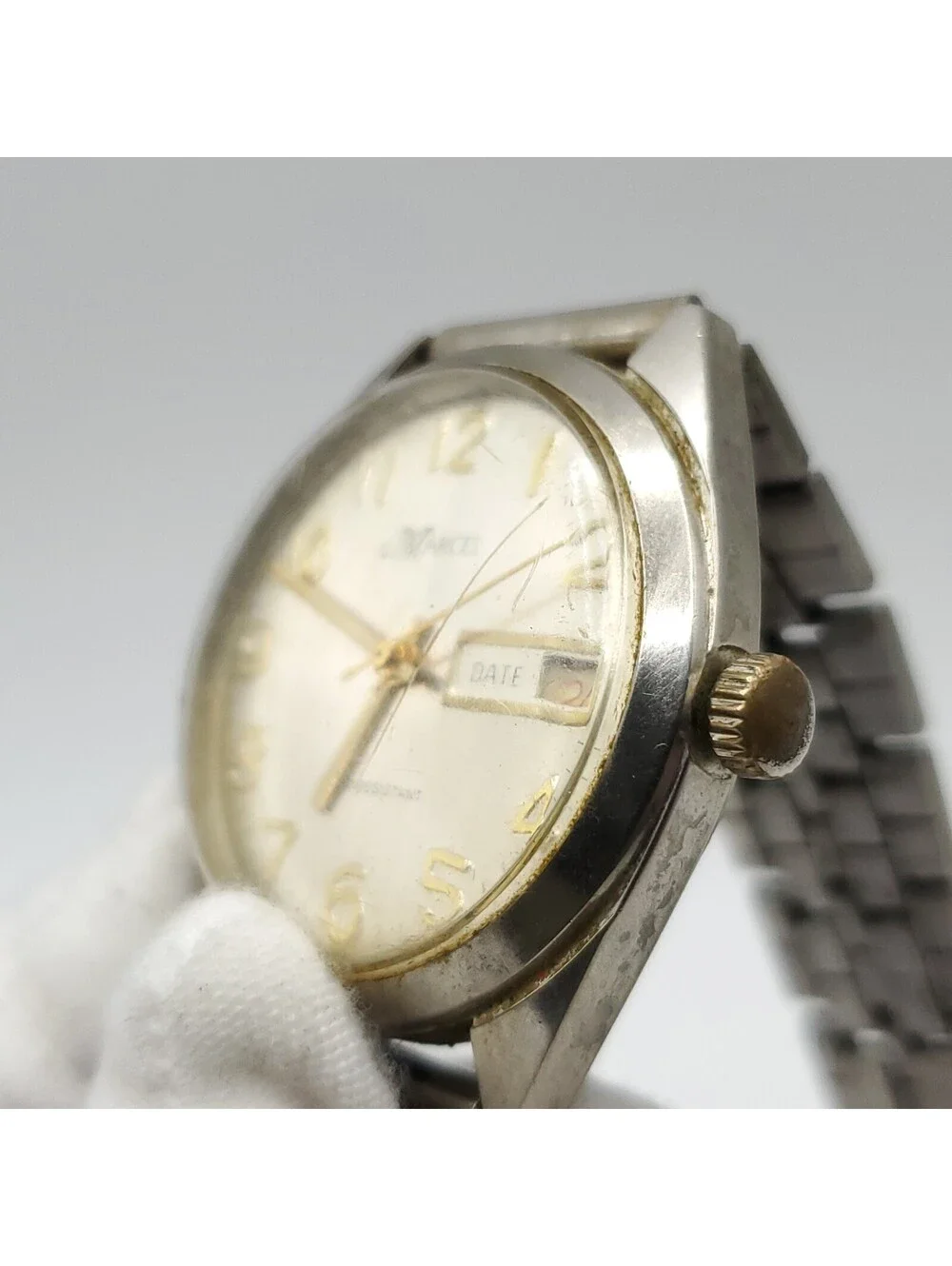 Vintage Mens Marcel Watch Running Fast Silver Tone Day/Date Dial